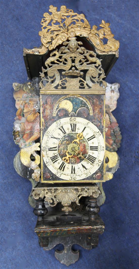 A 19th century Dutch painted metal and wood wall clock, height overall 27in.